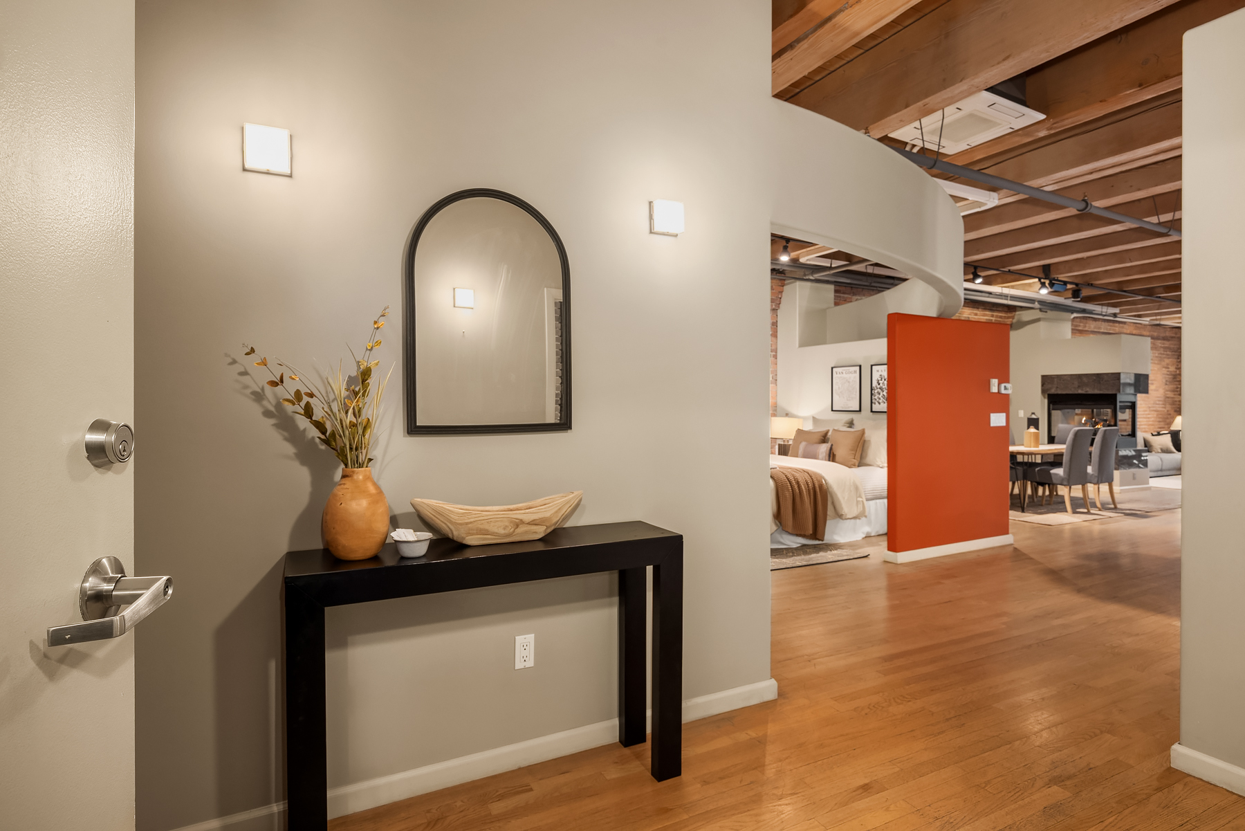 Entry foyer with timber beam ceilings