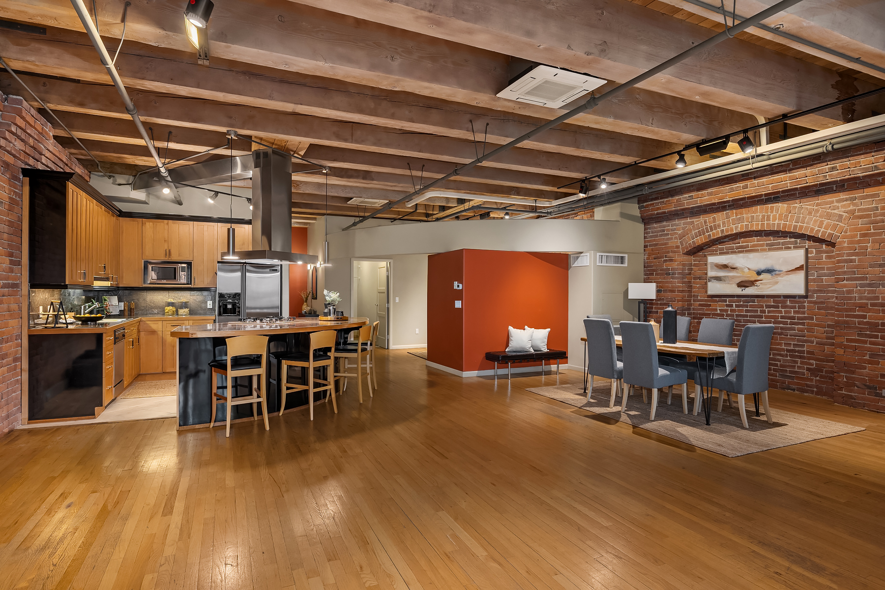 Dining area with pendant lighting
