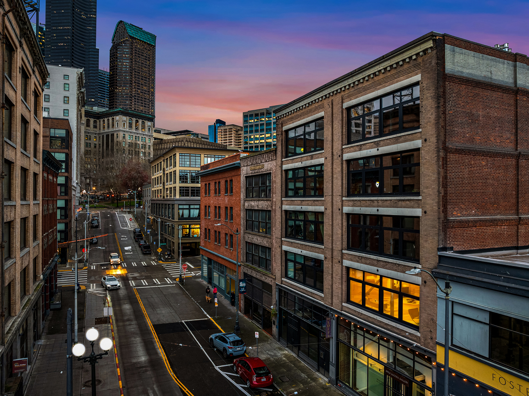 Pioneer Square streetscape at dusk